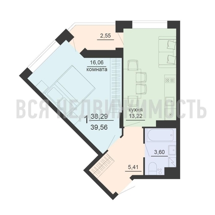 1-комнатная квартира, 39.56кв.м - изображение