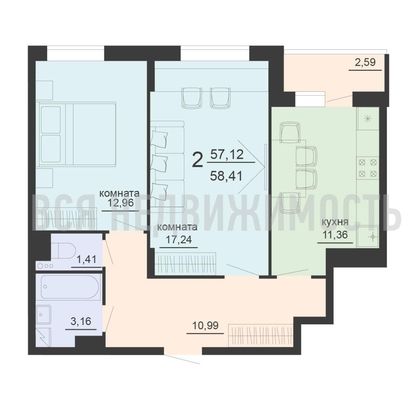 2-комнатная квартира, 58.41кв.м - изображение