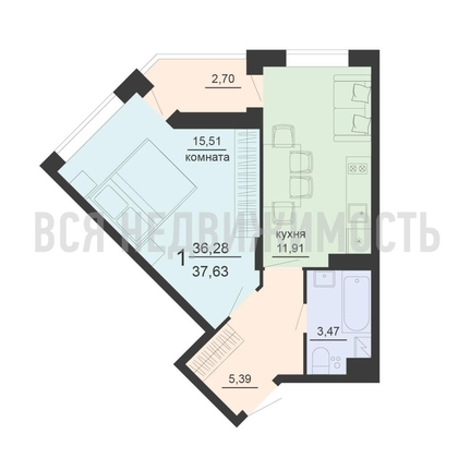 1-комнатная квартира, 37.63кв.м - изображение