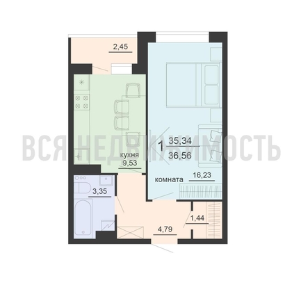 1-комнатная квартира, 36.56кв.м - изображение