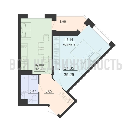 1-комнатная квартира, 39.29кв.м - изображение