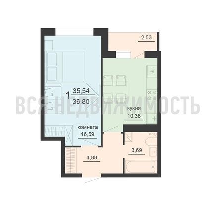 1-комнатная квартира, 36.8кв.м - изображение