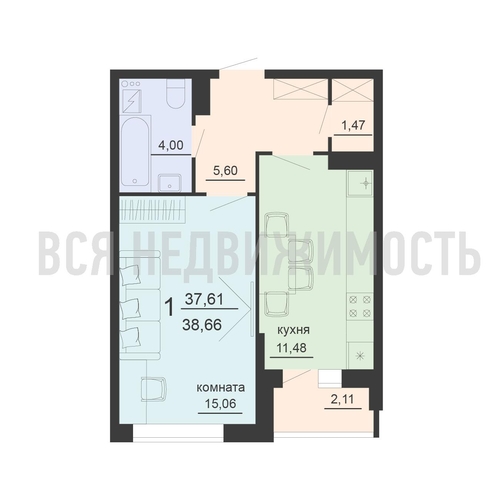 1-комнатная квартира, 38.66кв.м - изображение 0
