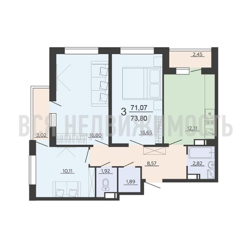 3-комнатная квартира, 73.8кв.м - изображение 0