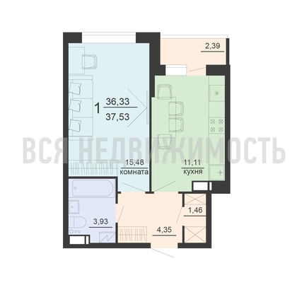 1-комнатная квартира, 37.53кв.м - изображение