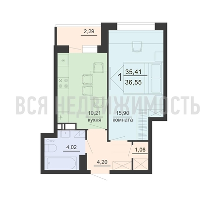 1-комнатная квартира, 36.55кв.м - изображение