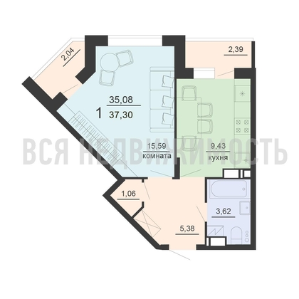 1-комнатная квартира, 37.3кв.м - изображение