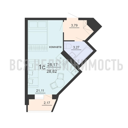 квартира-студия, 28,82кв.м. - изображение