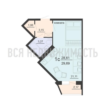 квартира-студия, 29,69кв.м. - изображение