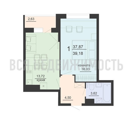 1-комнатная квартира, 39.18кв.м - изображение