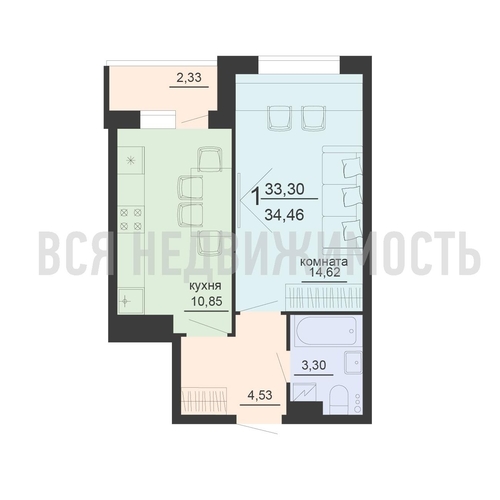 1-комнатная квартира, 34.46кв.м - изображение 0