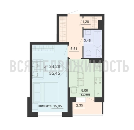1-комнатная квартира, 35.45кв.м - изображение