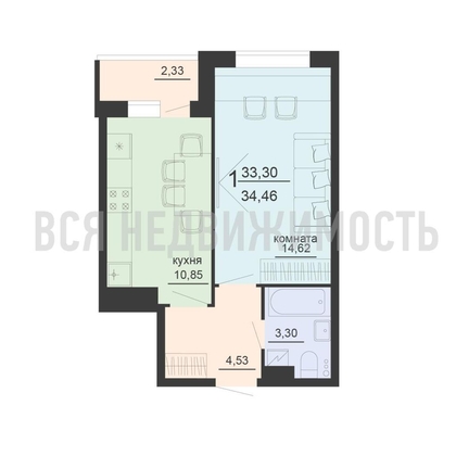 1-комнатная квартира, 34.46кв.м - изображение