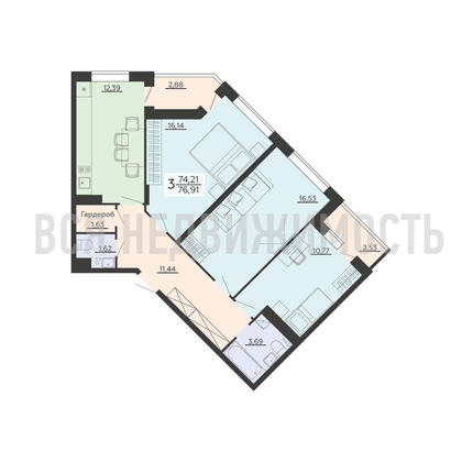 3-комнатная квартира, 76.91кв.м - изображение