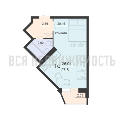 квартира-студия, 27,51кв.м. - изображение
