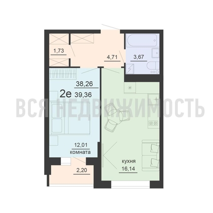 1-комнатная квартира, 39.36кв.м - изображение