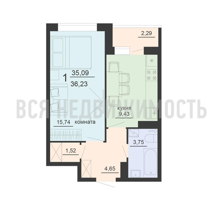 1-комнатная квартира, 36.23кв.м - изображение