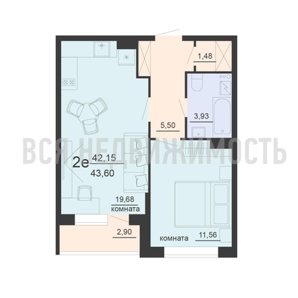 1-комнатная квартира, 43.6кв.м - изображение