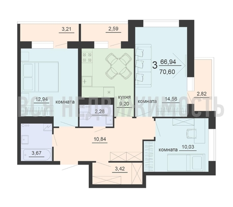 3-комнатная квартира, 70.6кв.м - изображение