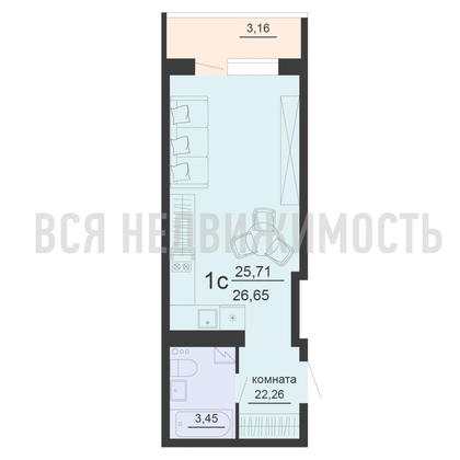 квартира-студия, 26,65кв.м. - изображение