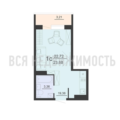 квартира-студия, 23,68кв.м. - изображение