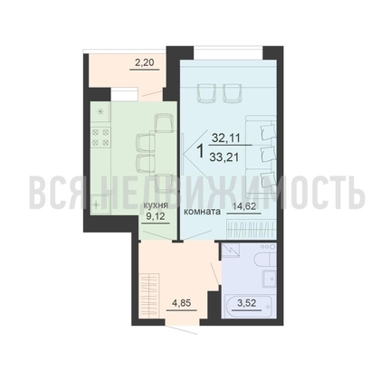 1-комнатная квартира, 33.21кв.м - изображение