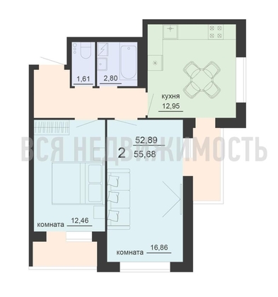2-комнатная квартира, 55.68кв.м - изображение