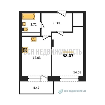 1-комнатная квартира, 38.07кв.м - изображение