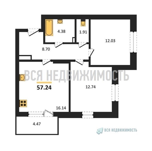 2-комнатная квартира, 57.24кв.м - изображение 0