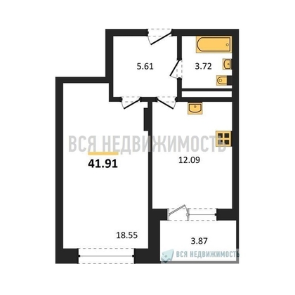 1-комнатная квартира, 41.91кв.м - изображение