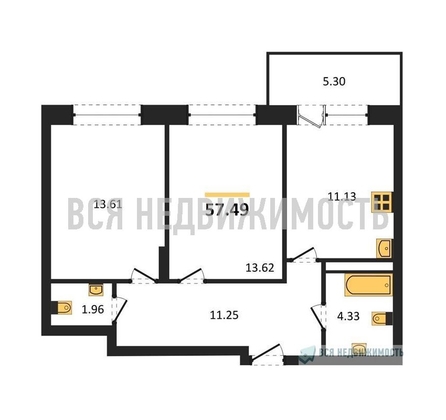 2-комнатная квартира, 57.49кв.м - изображение