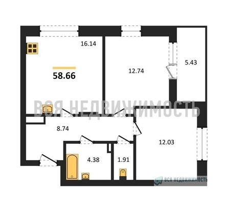 2-комнатная квартира, 58.66кв.м - изображение