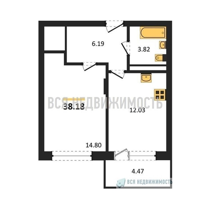 1-комнатная квартира, 38.18кв.м - изображение