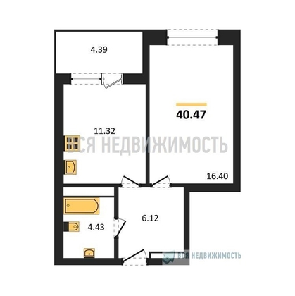 1-комнатная квартира, 40.47кв.м - изображение