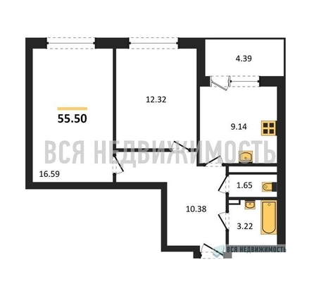 2-комнатная квартира, 55.5кв.м - изображение