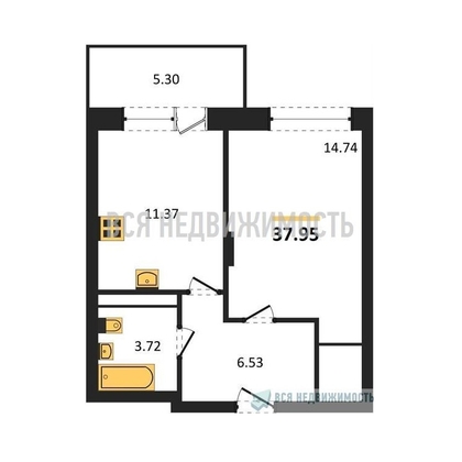 1-комнатная квартира, 37.95кв.м - изображение