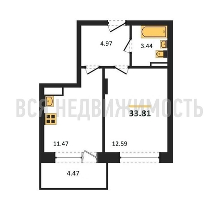 1-комнатная квартира, 33.81кв.м - изображение