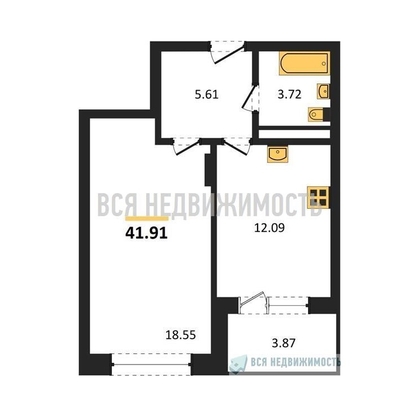 1-комнатная квартира, 41.91кв.м - изображение