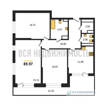 3-комнатная квартира, 89.97кв.м - изображение