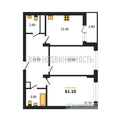 2-комнатная квартира, 61.1кв.м - изображение