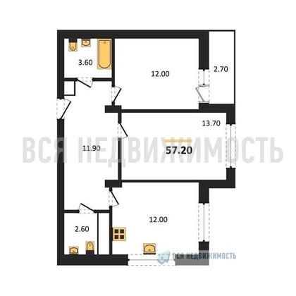 2-комнатная квартира, 57.2кв.м - изображение