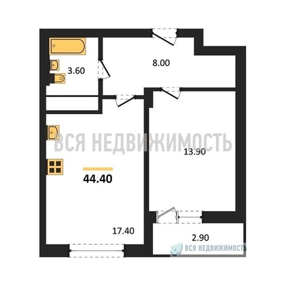 1-комнатная квартира, 44.4кв.м - изображение