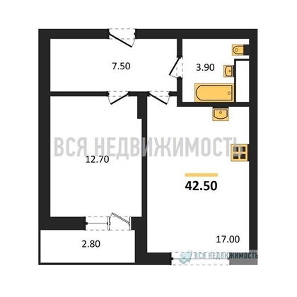 1-комнатная квартира, 42.5кв.м - изображение