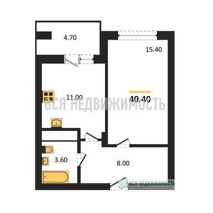 1-комнатная квартира, 40.4кв.м - изображение