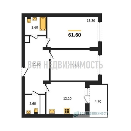 2-комнатная квартира, 61.6кв.м - изображение