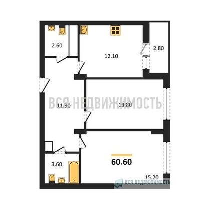 2-комнатная квартира, 60.6кв.м - изображение