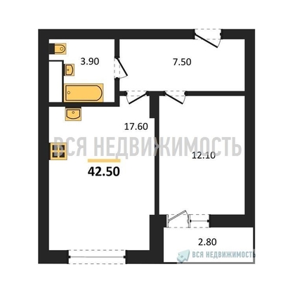 1-комнатная квартира, 42.5кв.м - изображение