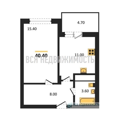 1-комнатная квартира, 40.4кв.м - изображение