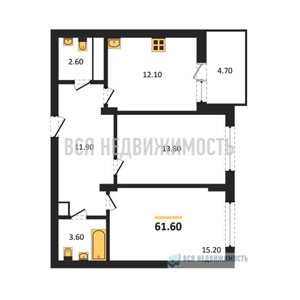 2-комнатная квартира, 61.6кв.м - изображение