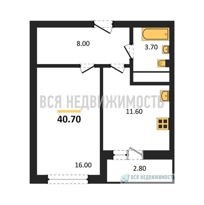 1-комнатная квартира, 40.7кв.м - изображение